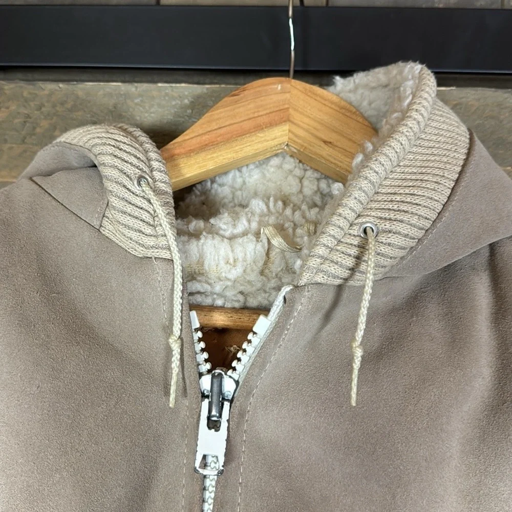 Vintage William Barry tan suede hoodie jacket with Sherpa lining Size 42 Long